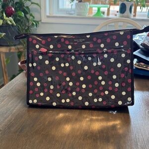 Vintage kate spade brown cosmetic pouch with white & pink polka dots large